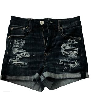 High-waisted dark blue jean shorts